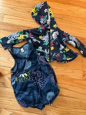 6-12 mos Tea Collection navy blue floral romper and jacket denim canvas